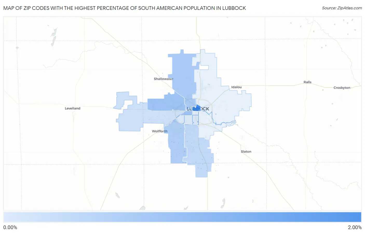 Zip Codes with the Highest Percentage of South American Population in Lubbock Map