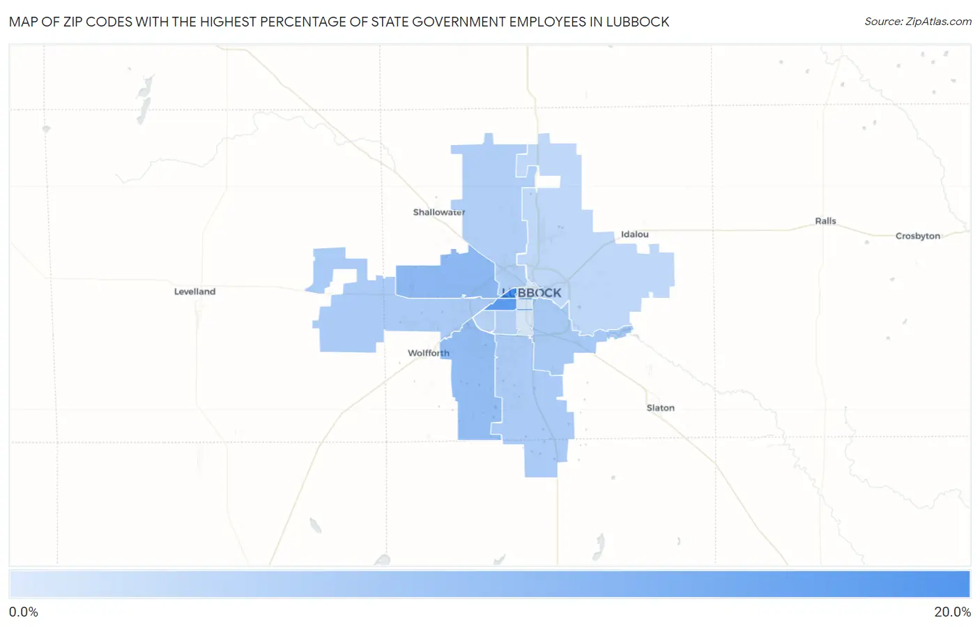 Zip Codes with the Highest Percentage of State Government Employees in Lubbock Map