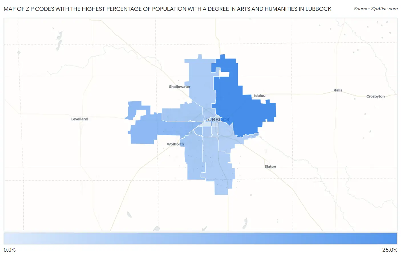 Zip Codes with the Highest Percentage of Population with a Degree in Arts and Humanities in Lubbock Map