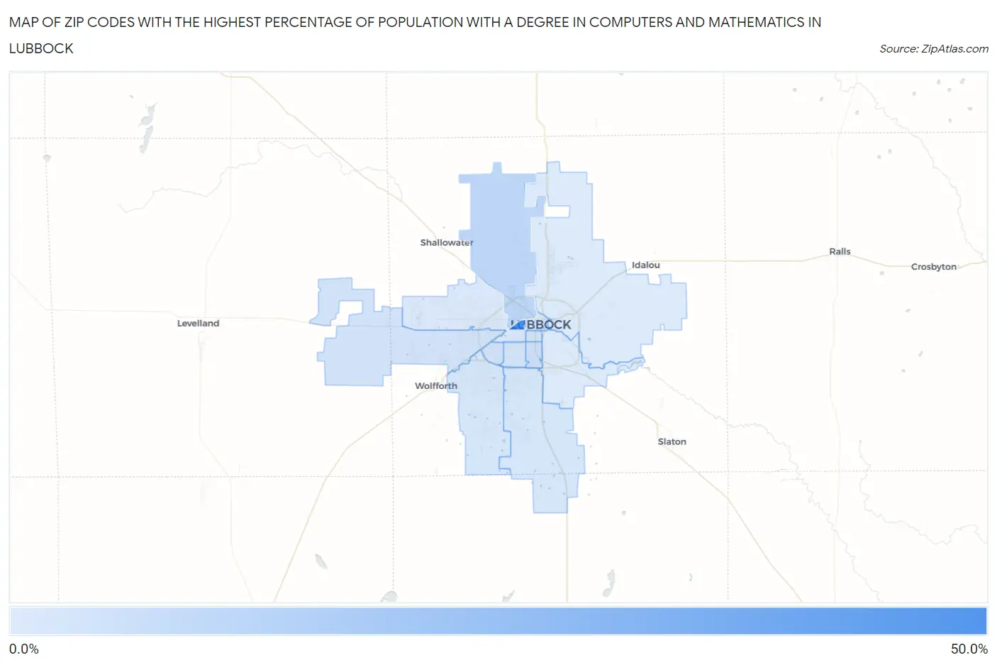 Zip Codes with the Highest Percentage of Population with a Degree in Computers and Mathematics in Lubbock Map