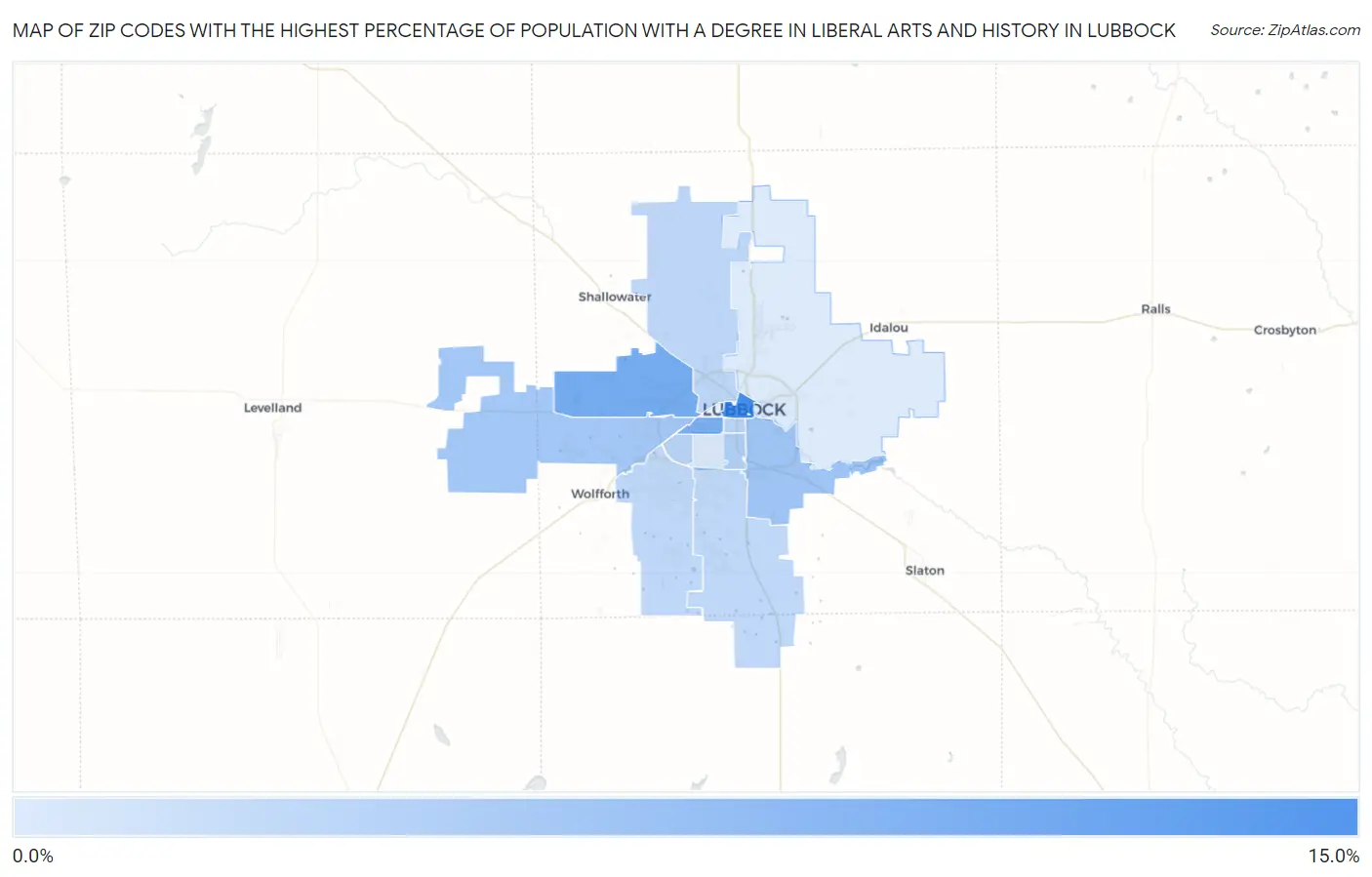 Zip Codes with the Highest Percentage of Population with a Degree in Liberal Arts and History in Lubbock Map