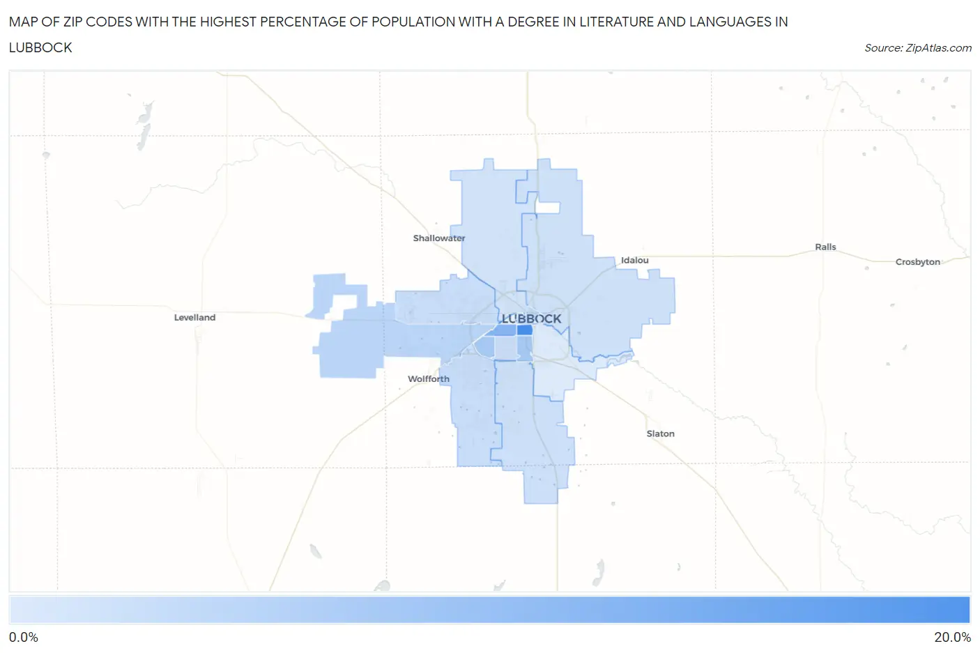 Zip Codes with the Highest Percentage of Population with a Degree in Literature and Languages in Lubbock Map