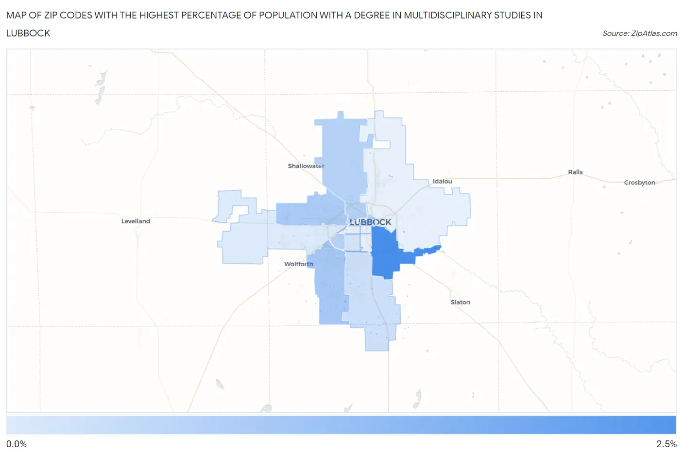Zip Codes with the Highest Percentage of Population with a Degree in Multidisciplinary Studies in Lubbock Map