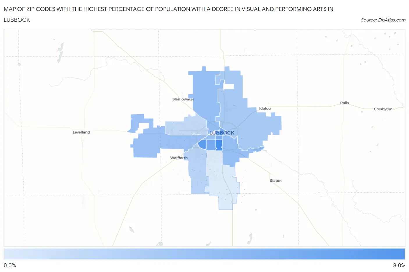 Zip Codes with the Highest Percentage of Population with a Degree in Visual and Performing Arts in Lubbock Map