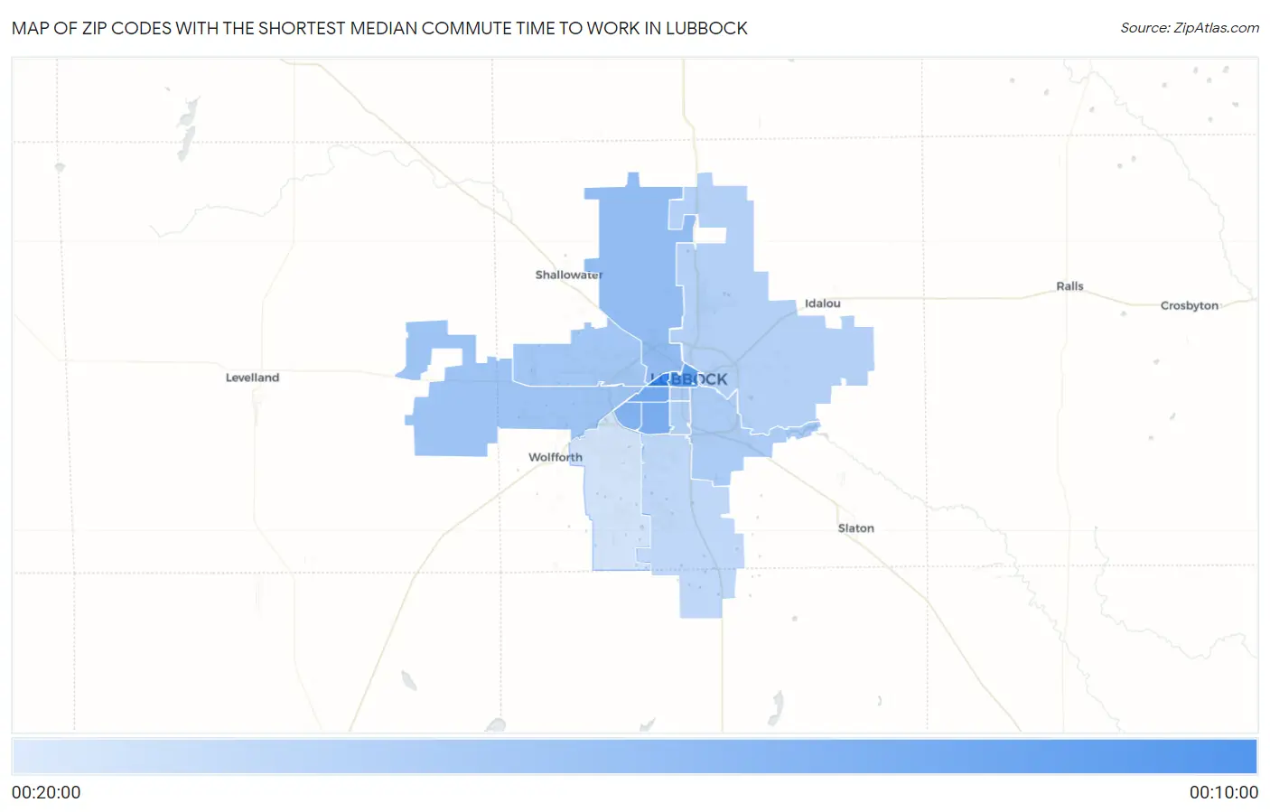 Zip Codes with the Shortest Median Commute Time to Work in Lubbock Map