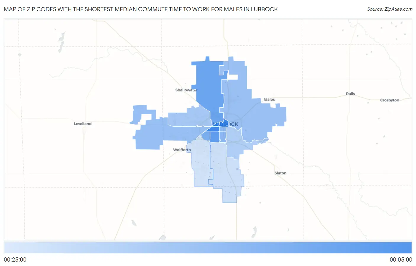 Zip Codes with the Shortest Median Commute Time to Work for Males in Lubbock Map