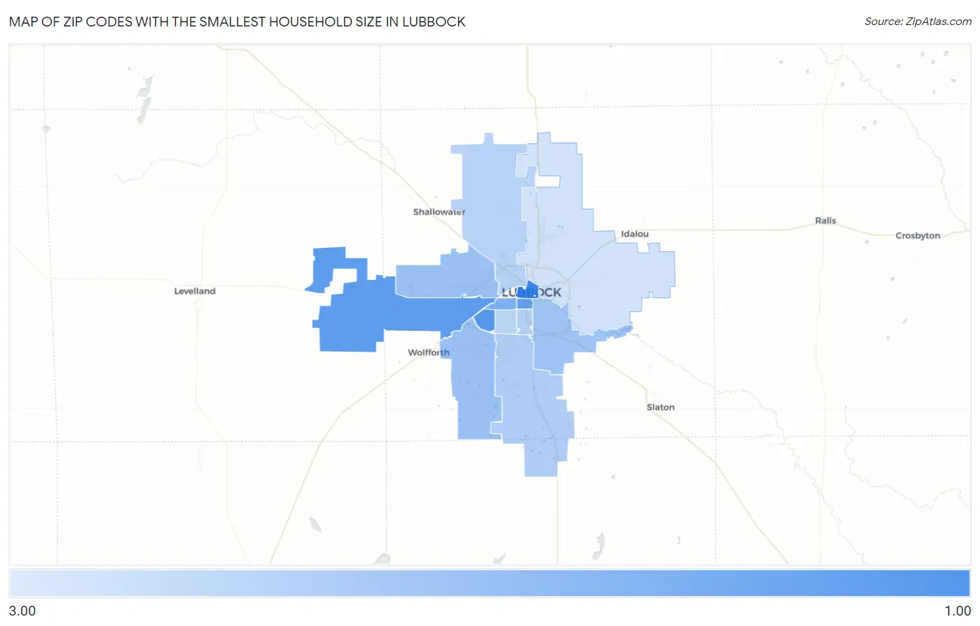 Zip Codes with the Smallest Household Size in Lubbock Map