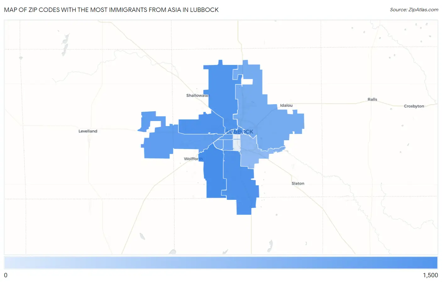 Zip Codes with the Most Immigrants from Asia in Lubbock Map