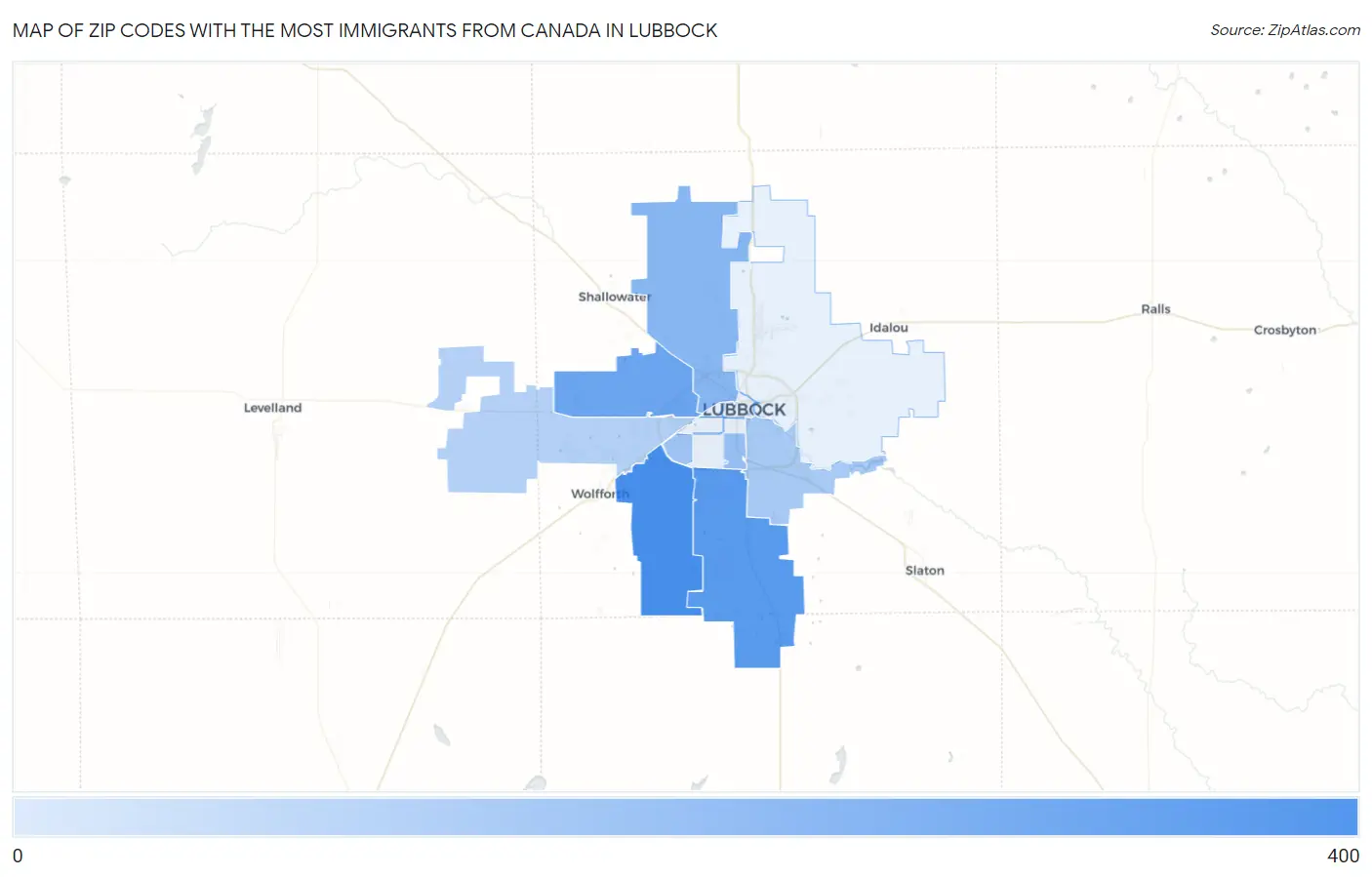 Zip Codes with the Most Immigrants from Canada in Lubbock Map