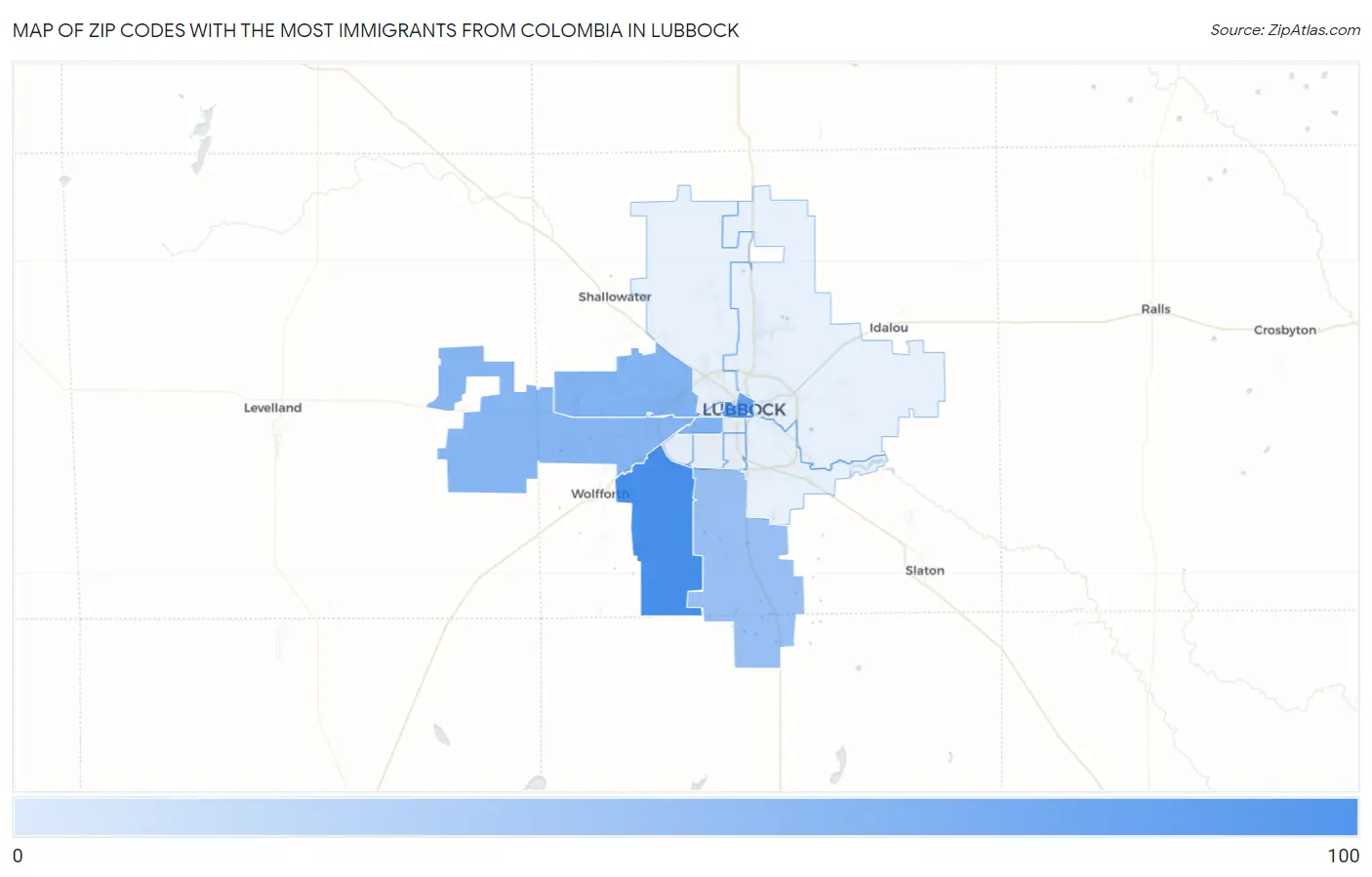 Zip Codes with the Most Immigrants from Colombia in Lubbock Map
