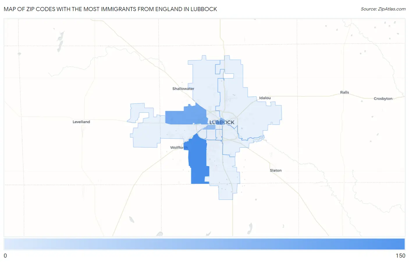 Zip Codes with the Most Immigrants from England in Lubbock Map