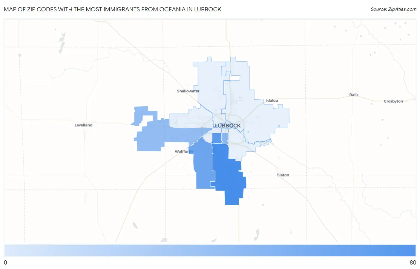 Zip Codes with the Most Immigrants from Oceania in Lubbock Map