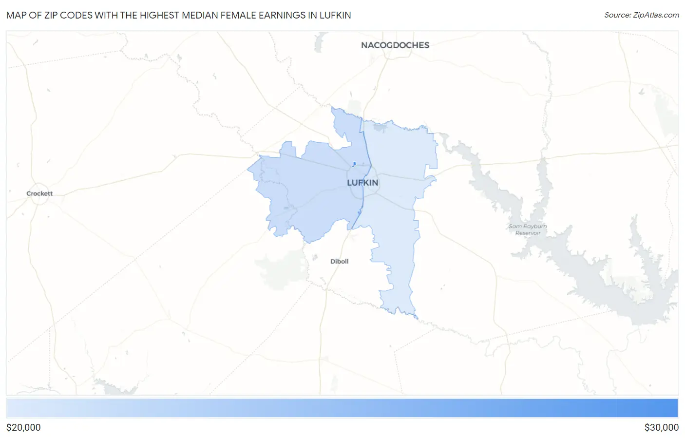 Zip Codes with the Highest Median Female Earnings in Lufkin Map