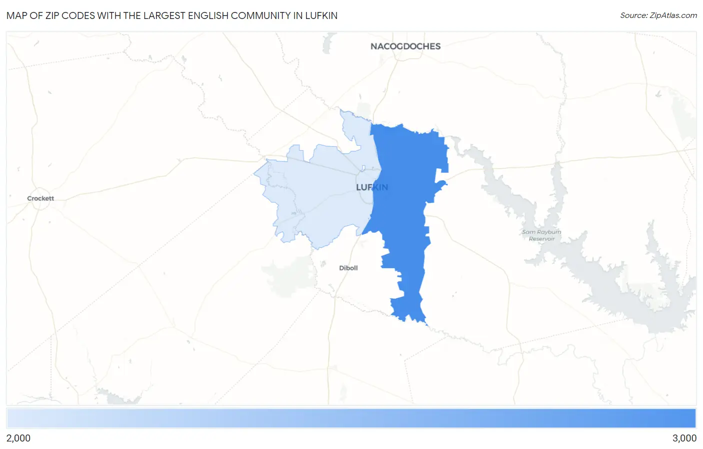 Zip Codes with the Largest English Community in Lufkin Map