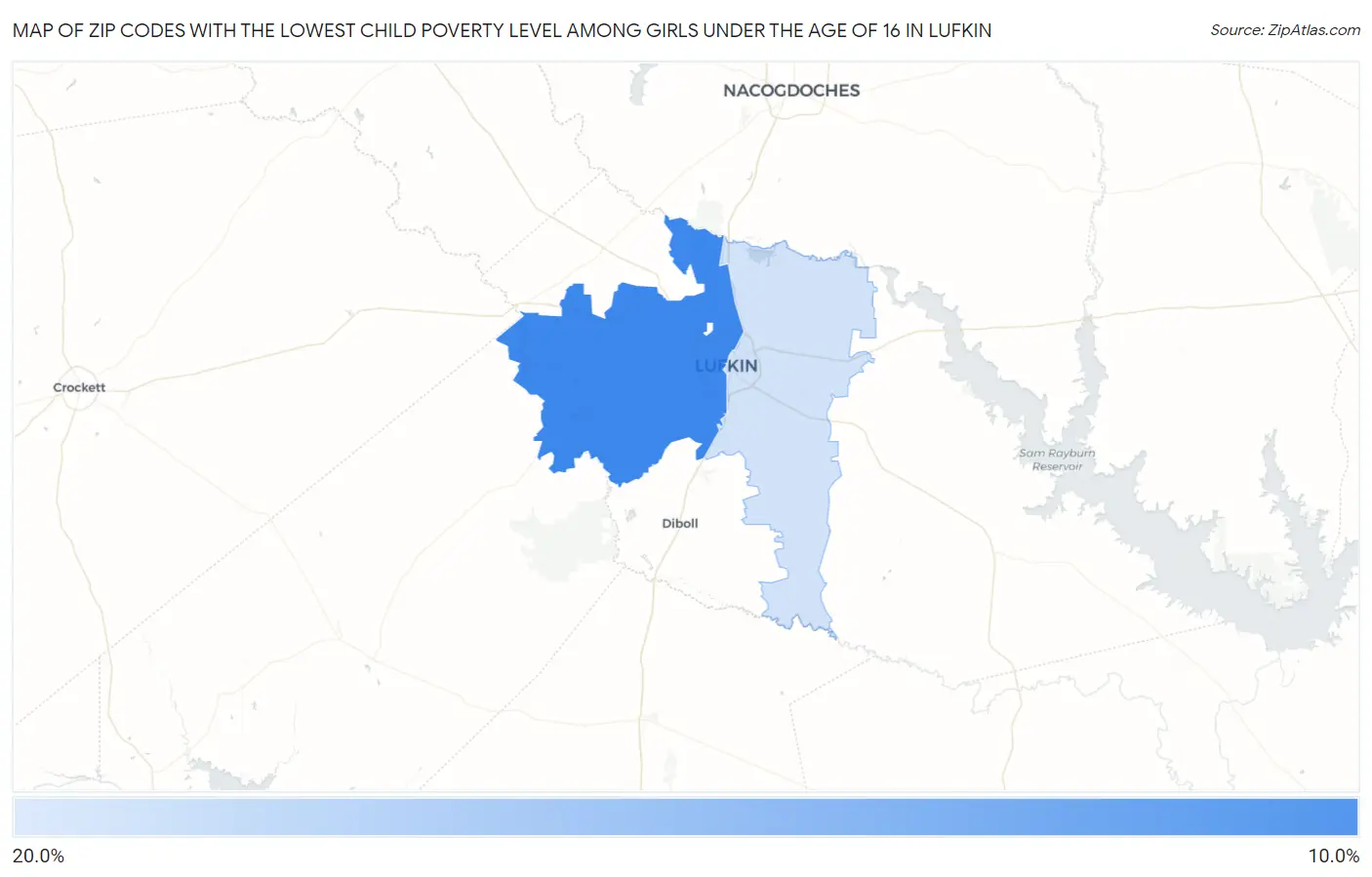 Zip Codes with the Lowest Child Poverty Level Among Girls Under the Age of 16 in Lufkin Map