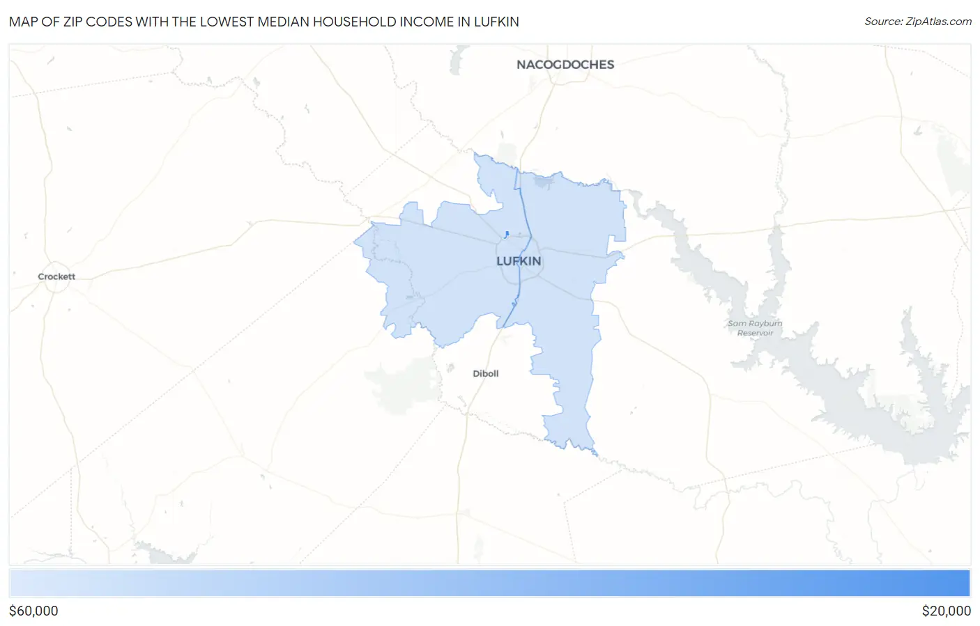 Zip Codes with the Lowest Median Household Income in Lufkin Map