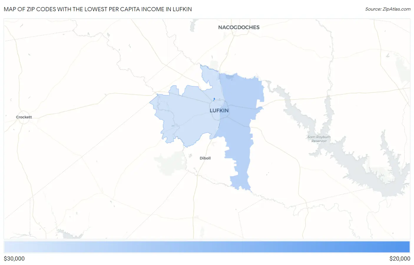 Zip Codes with the Lowest Per Capita Income in Lufkin Map