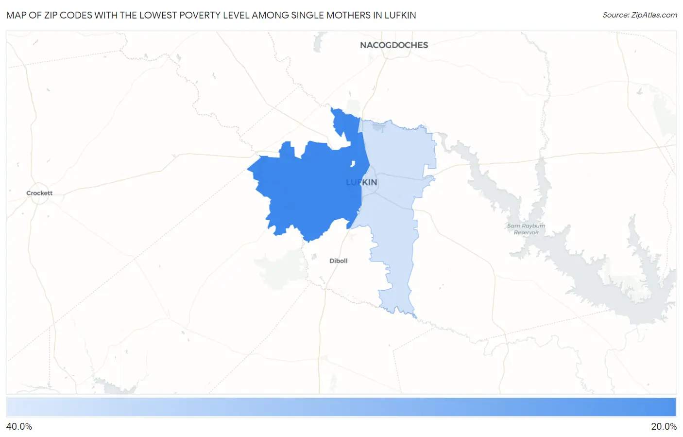 Zip Codes with the Lowest Poverty Level Among Single Mothers in Lufkin Map