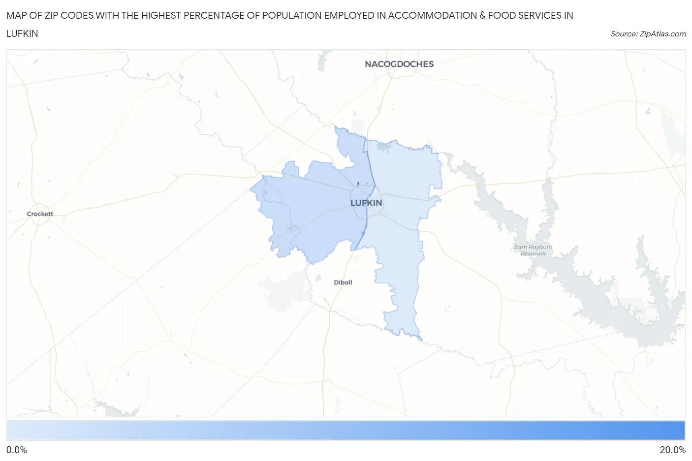 Zip Codes with the Highest Percentage of Population Employed in Accommodation & Food Services in Lufkin Map