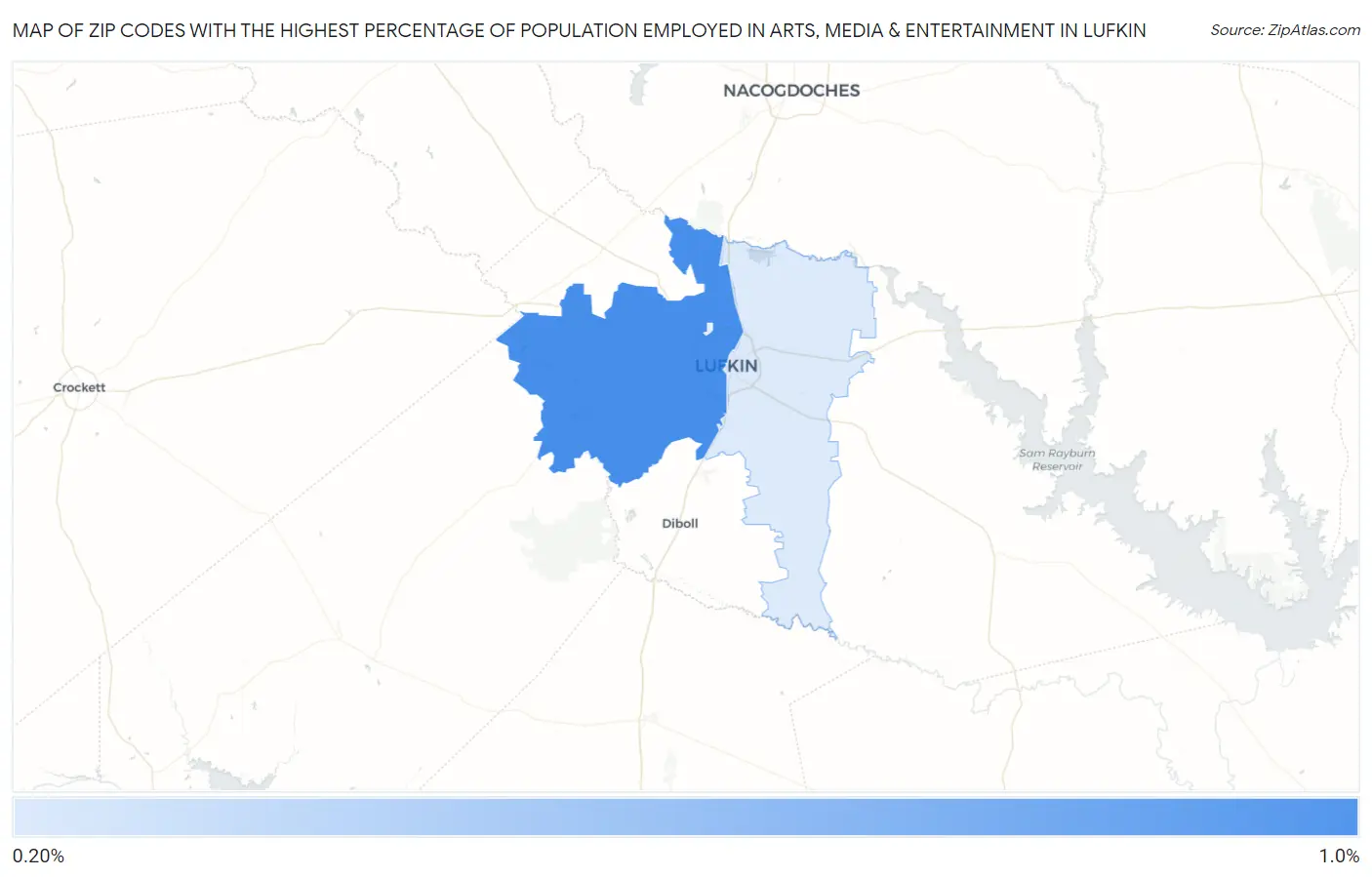 Zip Codes with the Highest Percentage of Population Employed in Arts, Media & Entertainment in Lufkin Map