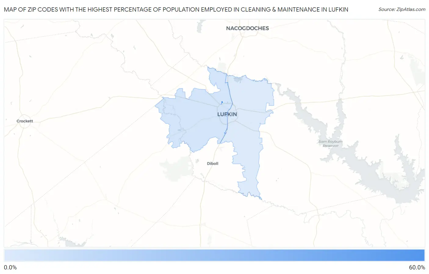 Zip Codes with the Highest Percentage of Population Employed in Cleaning & Maintenance in Lufkin Map