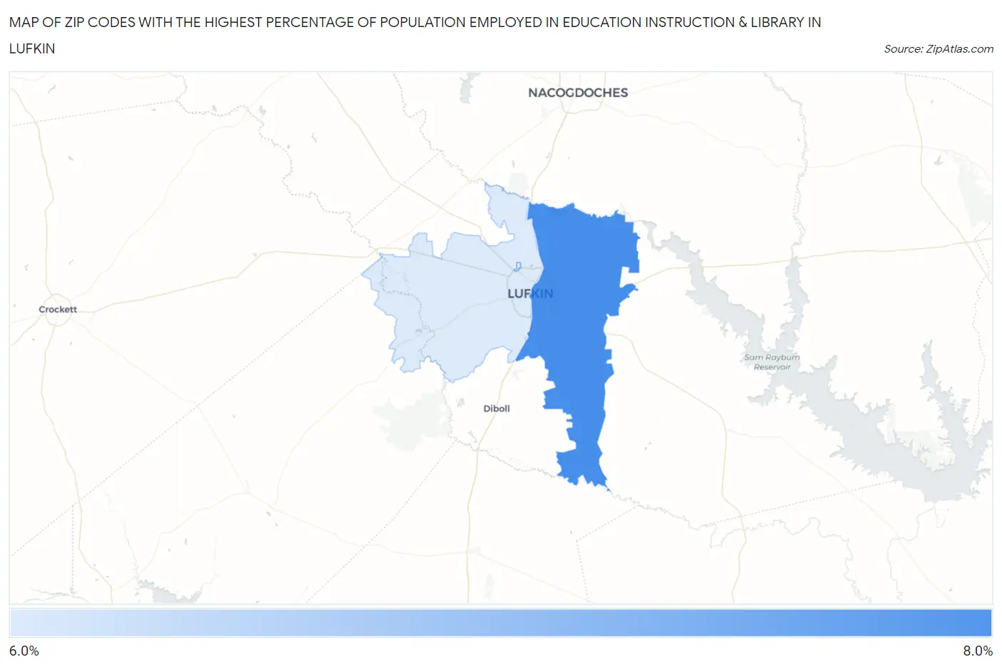 Zip Codes with the Highest Percentage of Population Employed in Education Instruction & Library in Lufkin Map