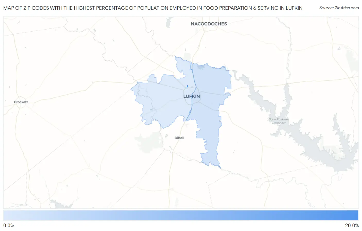 Zip Codes with the Highest Percentage of Population Employed in Food Preparation & Serving in Lufkin Map