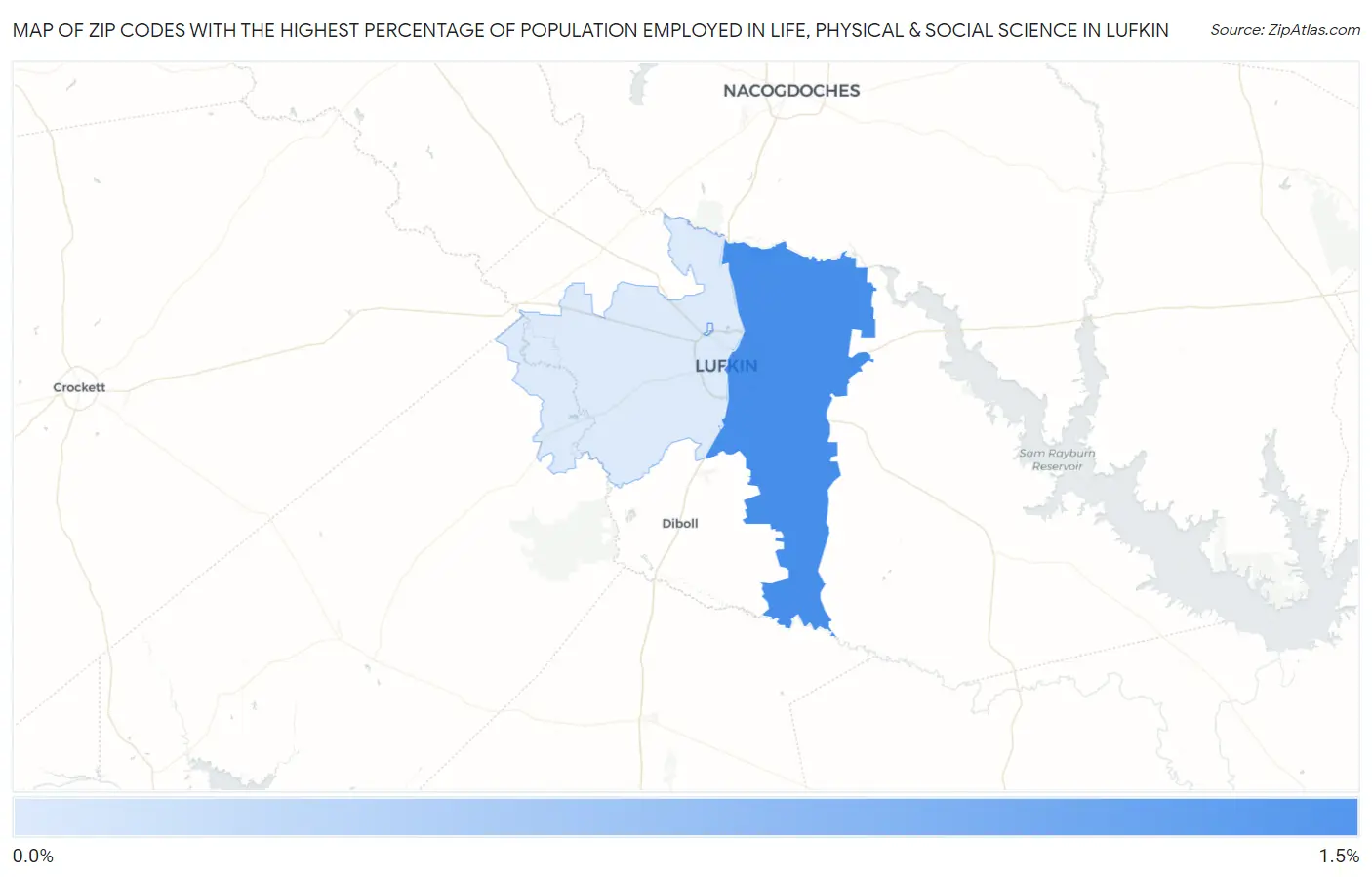 Zip Codes with the Highest Percentage of Population Employed in Life, Physical & Social Science in Lufkin Map