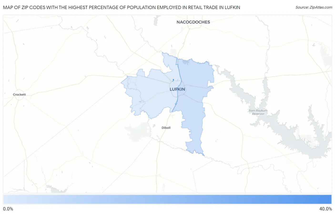 Zip Codes with the Highest Percentage of Population Employed in Retail Trade in Lufkin Map