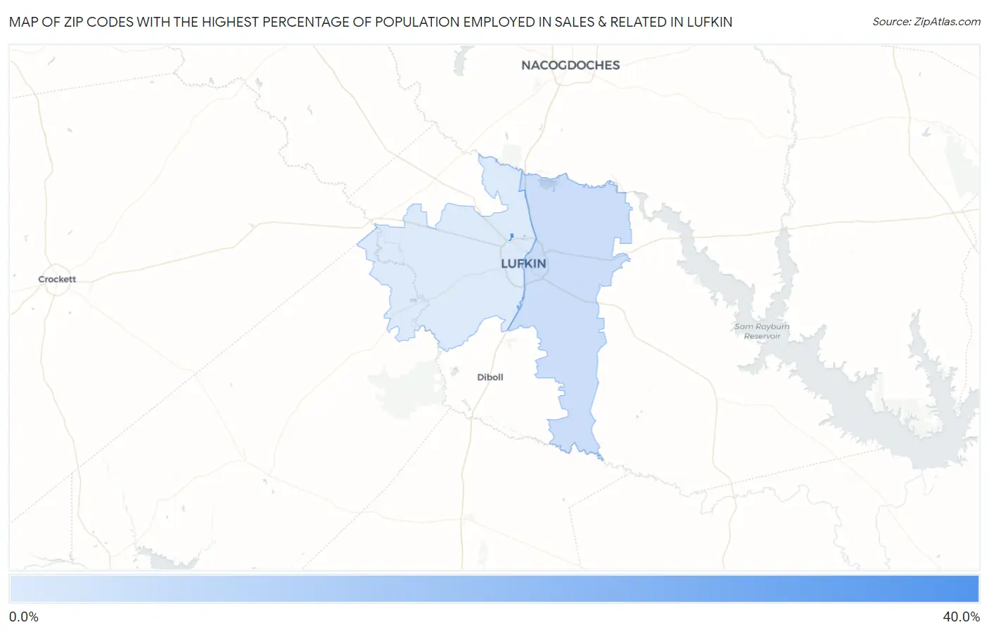 Zip Codes with the Highest Percentage of Population Employed in Sales & Related in Lufkin Map