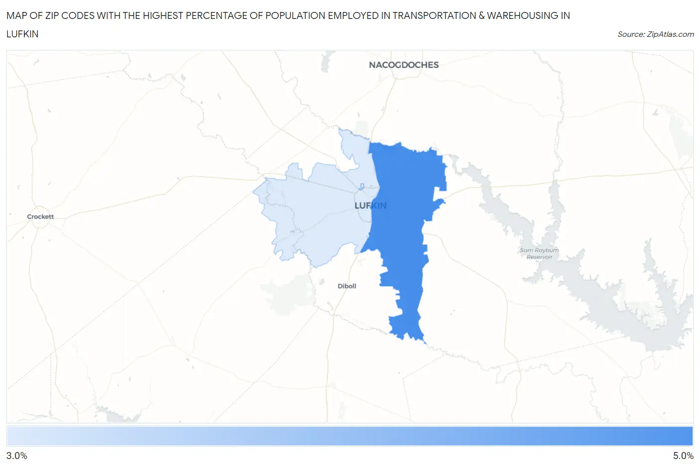 Zip Codes with the Highest Percentage of Population Employed in Transportation & Warehousing in Lufkin Map