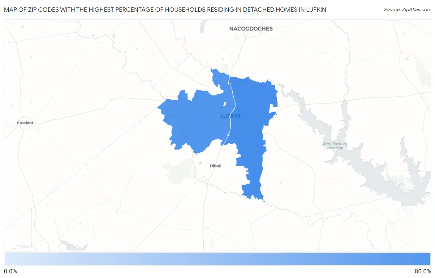 Zip Codes with the Highest Percentage of Households Residing in Detached Homes in Lufkin Map
