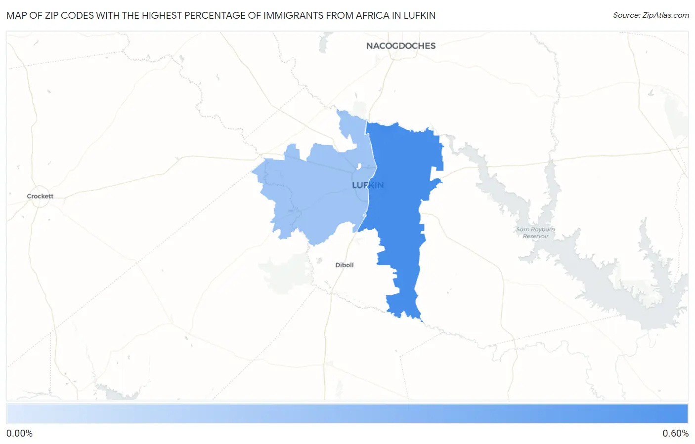 Zip Codes with the Highest Percentage of Immigrants from Africa in Lufkin Map