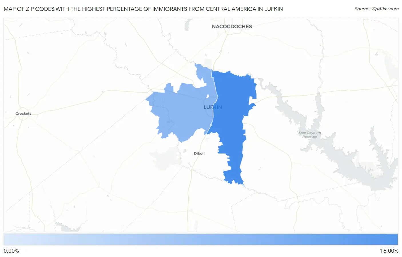 Zip Codes with the Highest Percentage of Immigrants from Central America in Lufkin Map