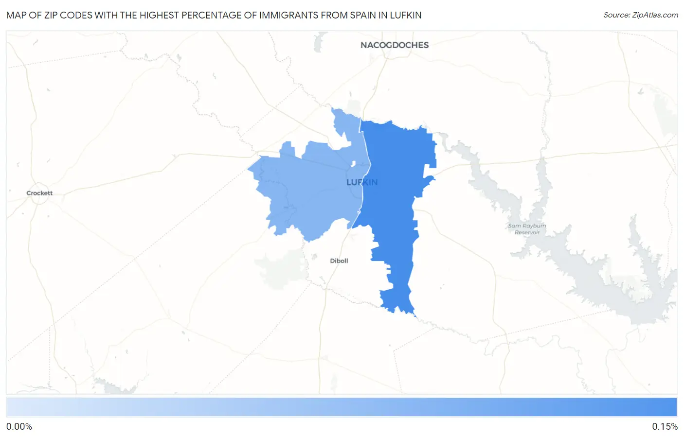 Zip Codes with the Highest Percentage of Immigrants from Spain in Lufkin Map