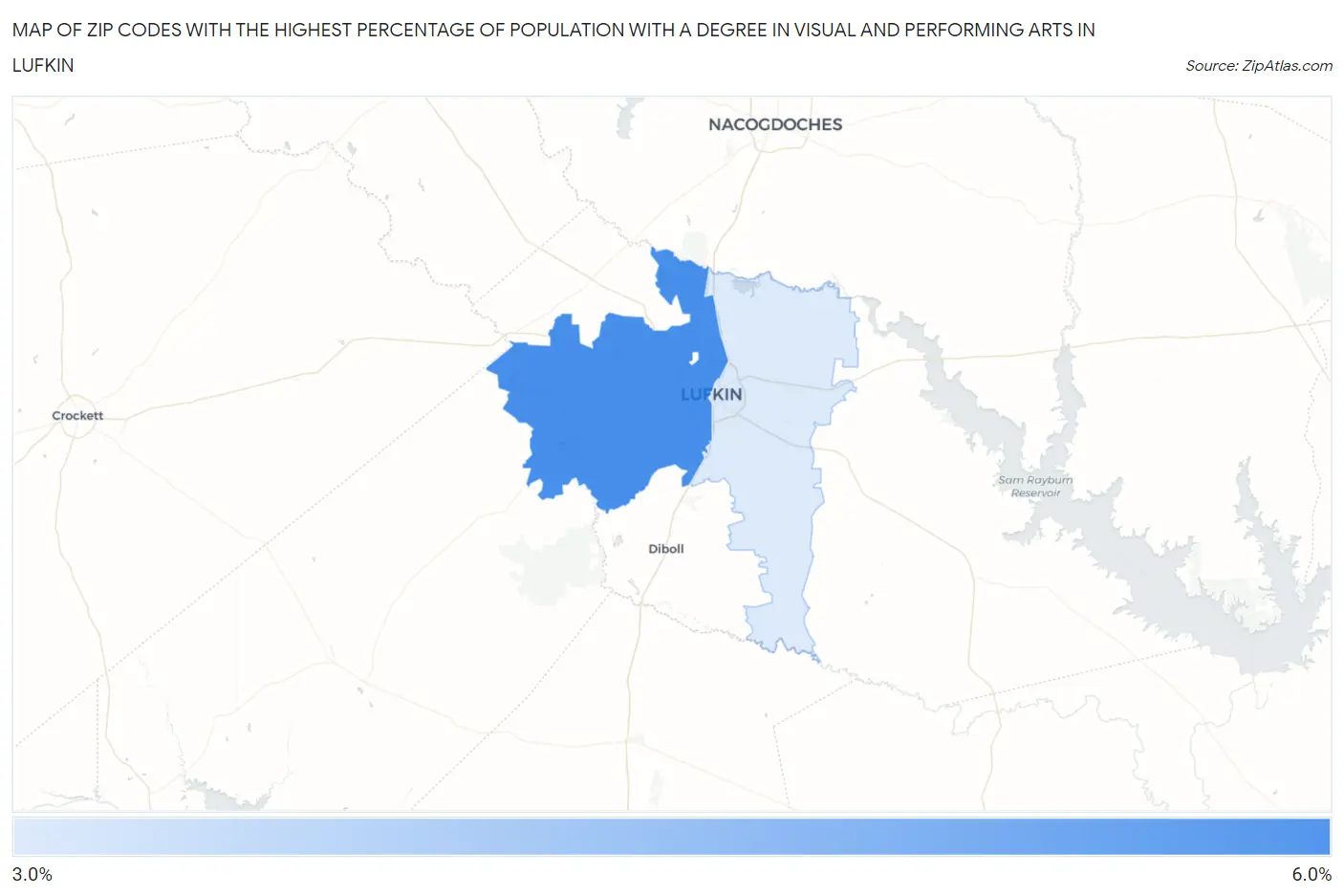 Zip Codes with the Highest Percentage of Population with a Degree in Visual and Performing Arts in Lufkin Map