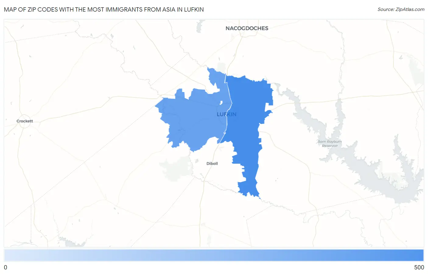 Zip Codes with the Most Immigrants from Asia in Lufkin Map