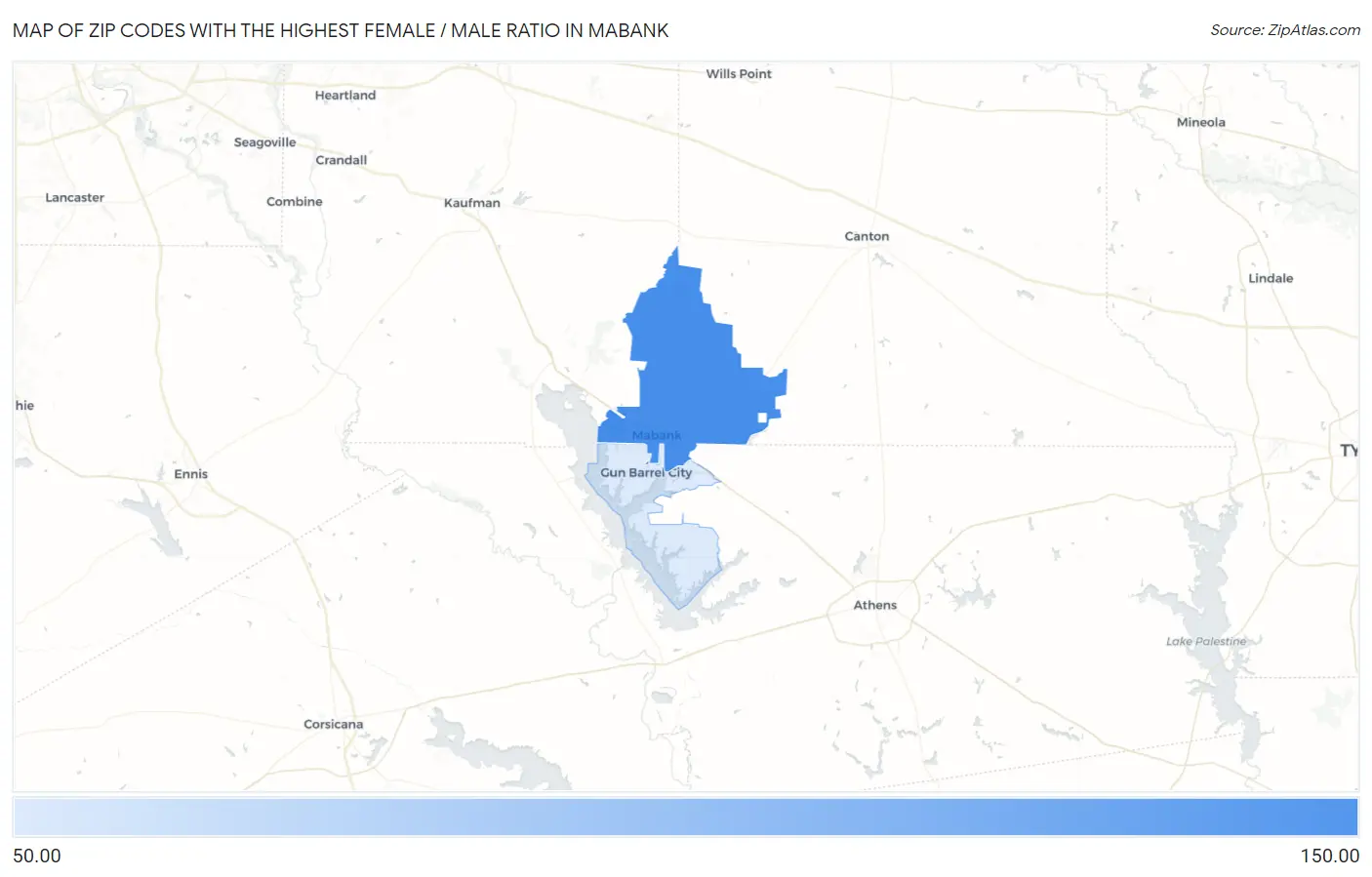 Zip Codes with the Highest Female / Male Ratio in Mabank Map