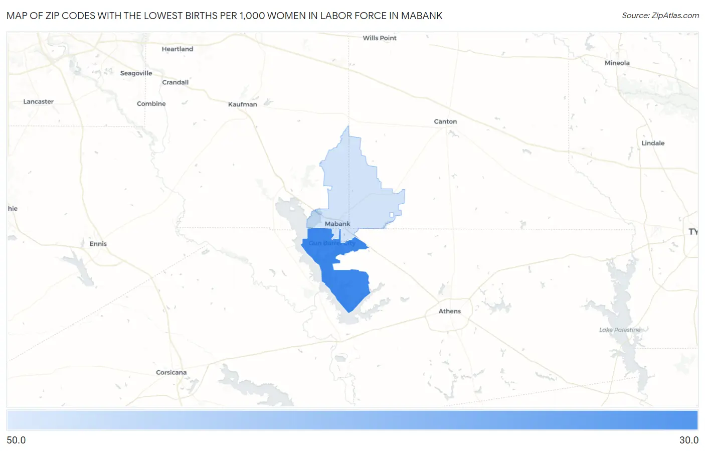 Zip Codes with the Lowest Births per 1,000 Women in Labor Force in Mabank Map