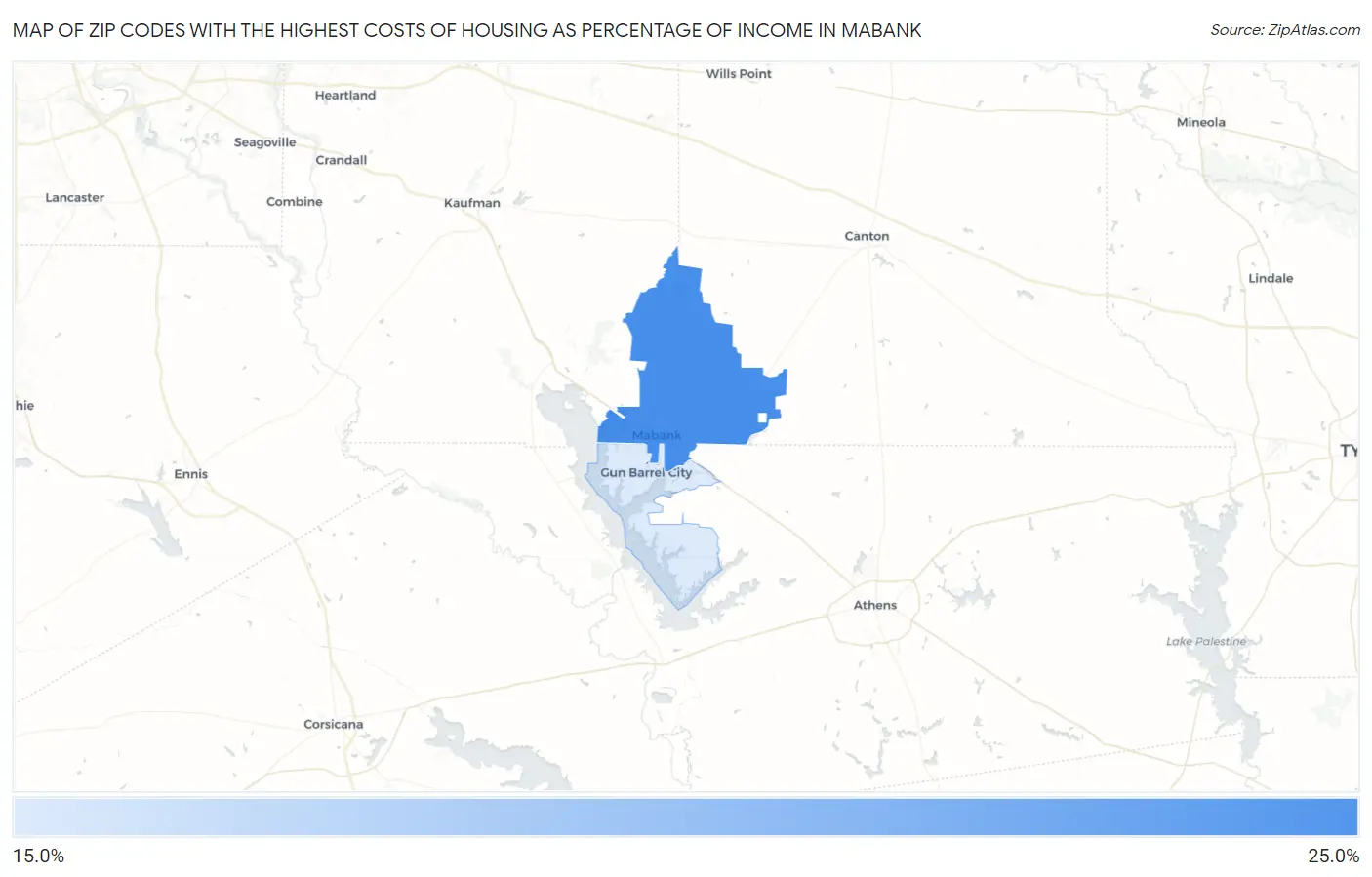 Zip Codes with the Highest Costs of Housing as Percentage of Income in Mabank Map