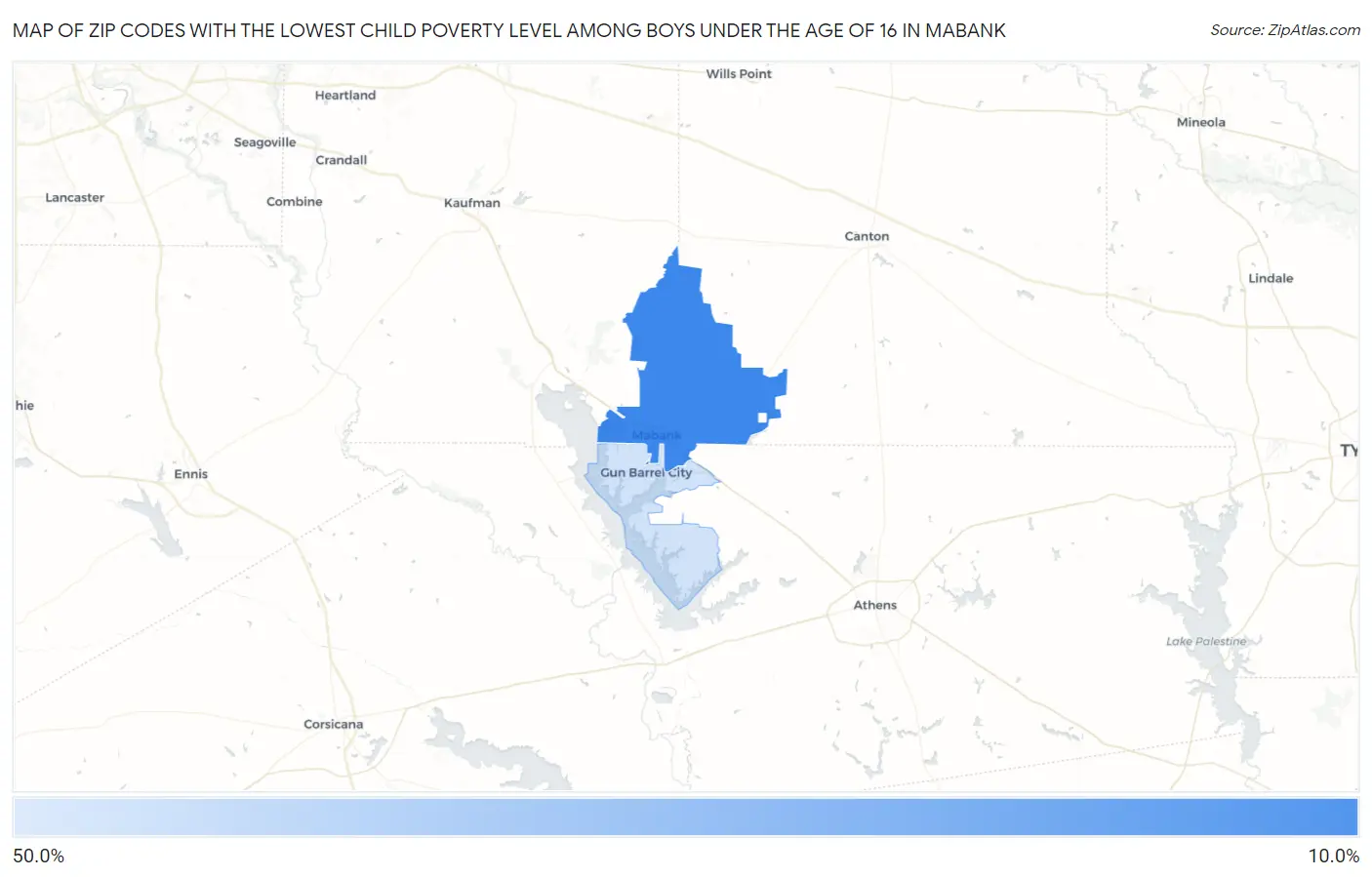 Zip Codes with the Lowest Child Poverty Level Among Boys Under the Age of 16 in Mabank Map