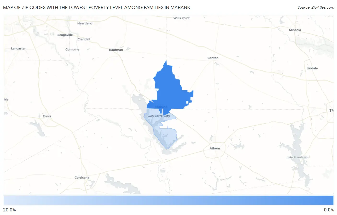 Zip Codes with the Lowest Poverty Level Among Families in Mabank Map