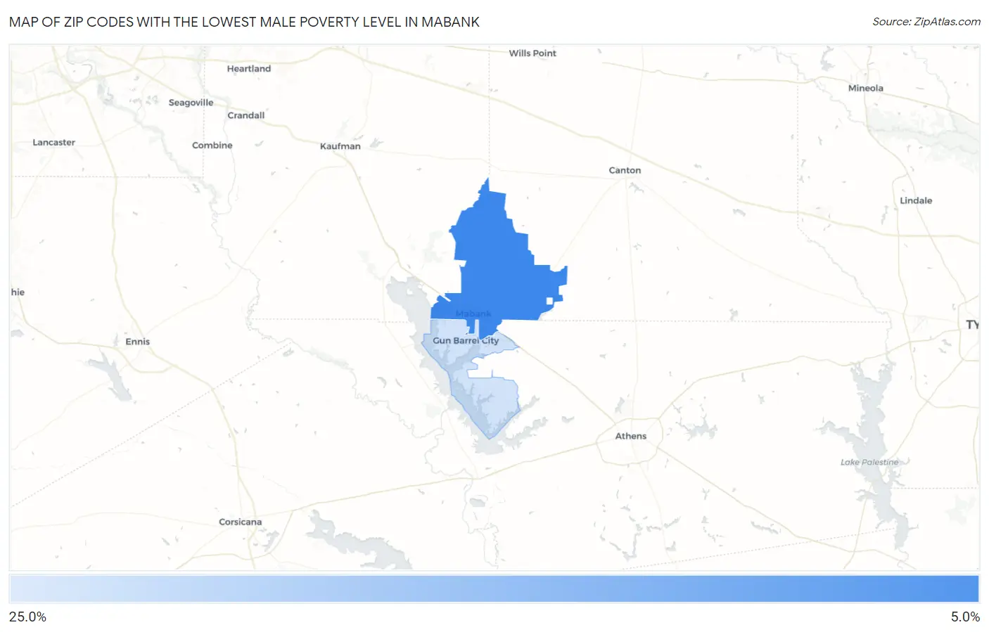 Zip Codes with the Lowest Male Poverty Level in Mabank Map