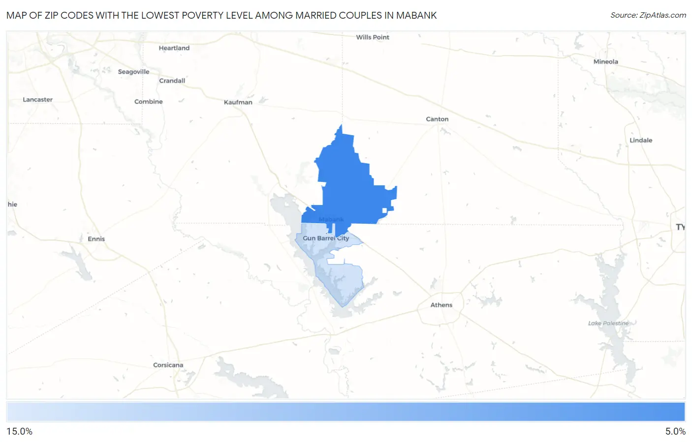 Zip Codes with the Lowest Poverty Level Among Married Couples in Mabank Map