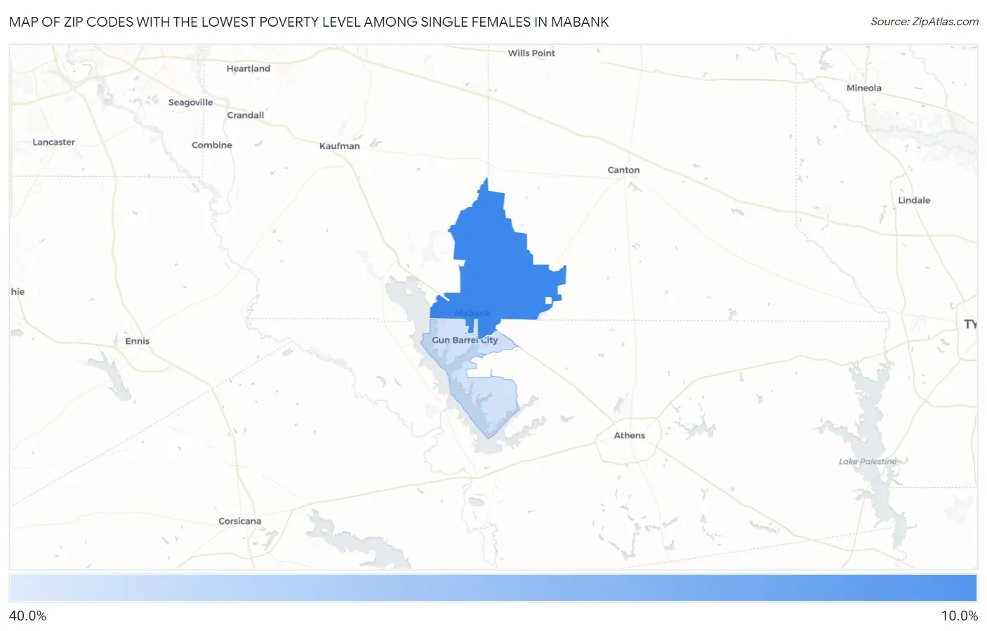 Zip Codes with the Lowest Poverty Level Among Single Females in Mabank Map