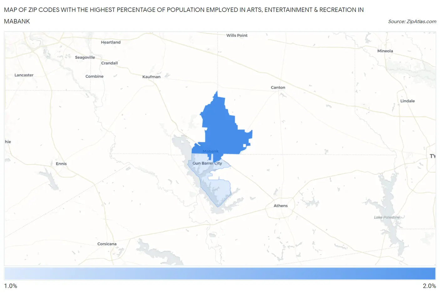 Zip Codes with the Highest Percentage of Population Employed in Arts, Entertainment & Recreation in Mabank Map