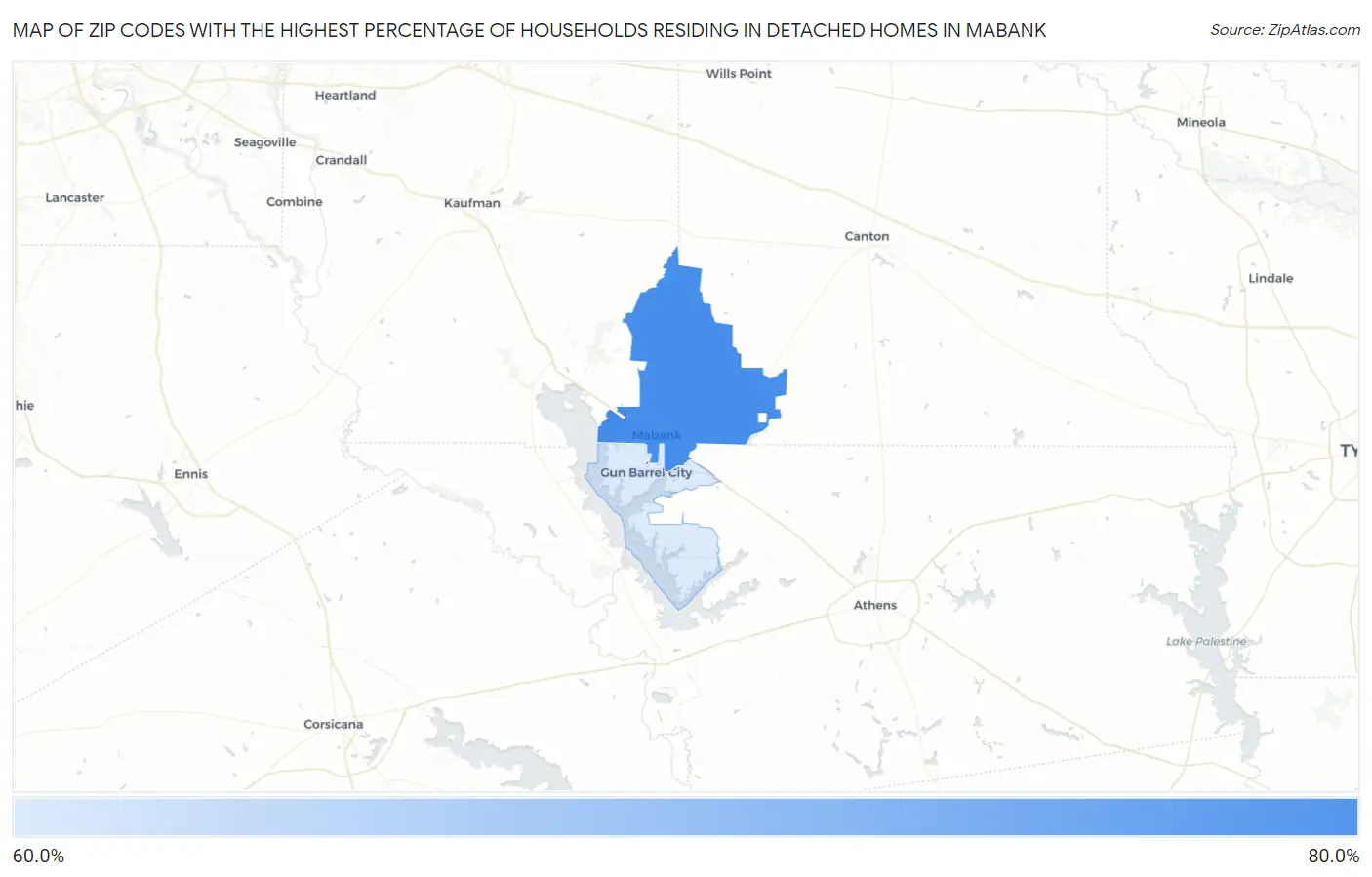 Zip Codes with the Highest Percentage of Households Residing in Detached Homes in Mabank Map