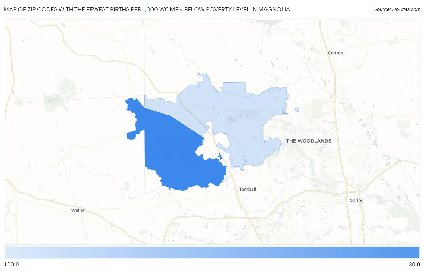 Zip Codes with the Fewest Births per 1,000 Women Below Poverty Level in Magnolia Map