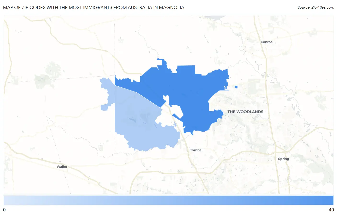 Zip Codes with the Most Immigrants from Australia in Magnolia Map