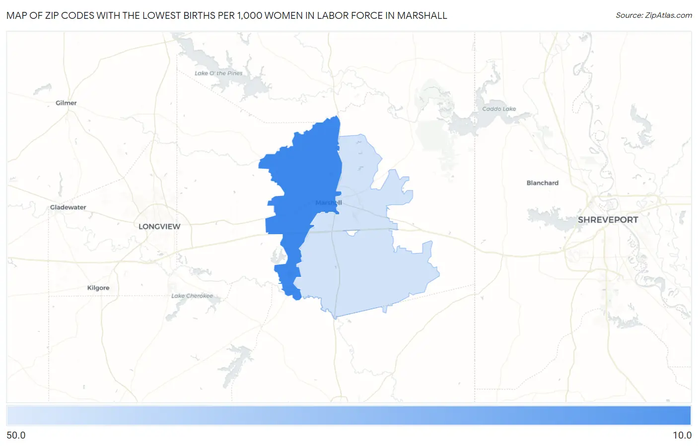 Zip Codes with the Lowest Births per 1,000 Women in Labor Force in Marshall Map